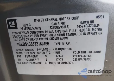 2002 GMC Envoy Slt z USA, uszkodzony, nr VIN 1GKDS13S622160166